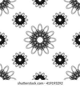 Abstract spirograph thin line monochrome seamless pattern. Black and white. Vector illustration