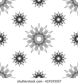 Abstract spirograph thin line monochrome seamless pattern. Black and white. Vector illustration