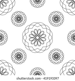 Abstract spirograph thin line monochrome seamless pattern. Black and white. Vector illustration