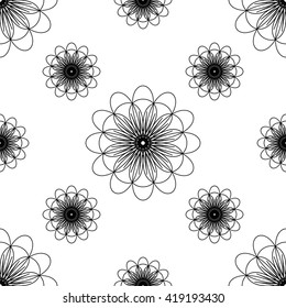 Abstract spirograph thin line monochrome seamless pattern. Black and white. Vector illustration