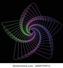 An abstract spirograph-style spiral composed of fine, overlapping lines with a color gradient from green to purple.
