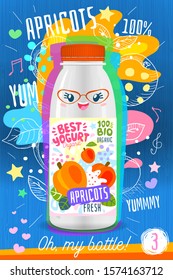 Abstract splash, cute yogurt bottle label template, advertising poster. Fruits, organic, yogurt, milk package design. Apricot, slice. Drawing vector illustration