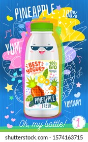 Abstract Splash, Cute Yogurt Bottle Label Template, Advertising Poster. Fruits, Organic, Yogurt, Milk Package Design. Pineapple, Slice. Drawing Vector Illustration