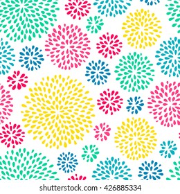 Abstract splash drops seamless pattern with bright colors. Holi festival background.  Doodle style. Vector illustration.