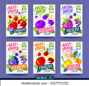 Abstract splash Food label . Colorful brush stroke. Fruits, spices, vegetables package design. Cherries, strawberry, blueberry, cranberry, blackberry, mulberry. Organic, fresh. Drawing vector