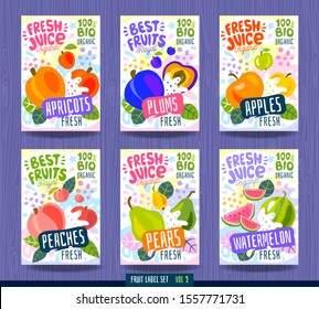 Abstract Splash Food Label Template. Colorful Brush Stroke. Fruits, Spices, Vegetables Package Design. Watermelon, Pear, Apple, Plum, Peach, Apricot. Organic, Fresh. Drawing Vector Illustration.