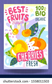 Abstract splash Food label template. Colorful brush stroke. Fruits, spices, vegetables package design. Cherries, berry, berries. Organic, fresh. Drawing vector illustration