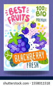 Abstract splash Food label template. Colorful brush stroke. Fruits, spices, vegetables package design. Blackberry, berry, berries. Organic, fresh. Drawing vector illustration