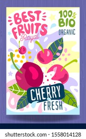 Abstract splash Food label template. Colorful brush stroke. Fruits, spices, vegetables package design. Cherry, berry, berries. Organic, fresh. Drawing vector illustration