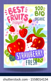 Abstract splash Food label template. Colorful brush stroke. Fruits, spices, vegetables package design. Strawberry, berry, berries. Organic, fresh. Drawing vector illustration