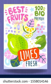 Abstract splash Food label template. Colorful brush stroke. Fruits, spices, vegetables package design. Lime, citrus, tropical. Organic, fresh. Drawing vector illustration