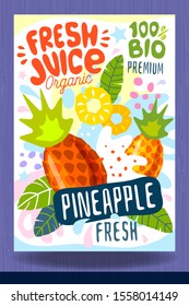 Abstract splash Food label template. Colorful brush stroke. Fruits, spices, vegetables package design. Pineapple, citrus, tropical. Organic, fresh. Drawing vector illustration