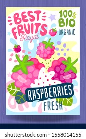 Abstract splash Food label template. Colorful brush stroke. Fruits, spices, vegetables package design. Raspberries, raspberry, berry, berries. Organic, fresh. Drawing vector illustration