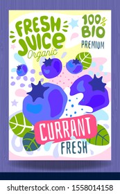 Abstract splash Food label template. Colorful brush stroke. Fruits, spices, vegetables package design. Currant, berry, berries. Organic, fresh. Drawing vector illustration