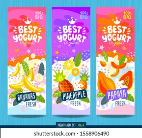 Abstract splash Food label template. Colorful brush stroke. Fruits, organic, yogurt, milk package design. Banana, pineapple, papaya. Drawing vector illustration.