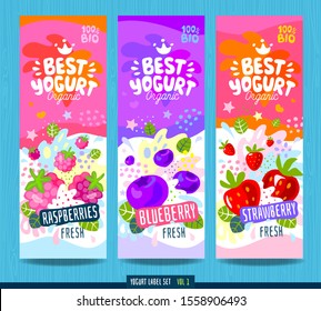 Abstract splash Food label template. Colorful brush stroke. Fruits, organic, yogurt, milk package design. Raspberries, strawberry, blueberry. Drawing vector illustration.