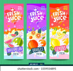 Abstract splash Food label template. Colorful brush stroke. Fruits, vegetables, drink package design. Watermelon, orange, lemon. Drawing vector illustration