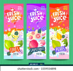 Abstract splash Food label template. Colorful brush stroke. Fruits, vegetables, drink package design. Lime, grapefruit, pear. Drawing vector illustration