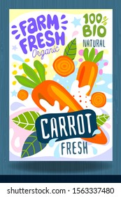 Abstract splash Food label template. Colorful brush stroke. Vegetables, fruits, spices, package design. Carrot, red ripe. Organic fresh. Vector illustration