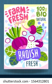 Abstract splash Food label template. Colorful brush stroke. Vegetables, fruits, spices, package design. Radish, beet, ripe. Organic fresh. Vector illustration