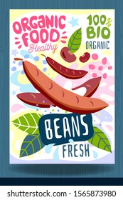 Abstract splash Food label template. Colorful brush stroke. Vegetables, fruits, spices, package design. Beans, bean, leaves, sweet, ripe. Organic fresh. Vector illustration