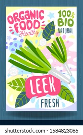 Abstract splash Food label template. Colorful brush stroke. Vegetables, fruits, spices, package design. Leek, onion, slice, herbs, ripe. Organic fresh. Vector illustration
