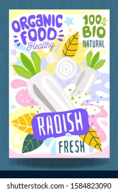 Abstract splash Food label template. Colorful brush stroke. Vegetables, fruits, spices, package design. Rasish, white, slice, ripe. Organic fresh. Vector illustration