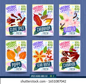 Abstract splash Food label template. Nuts, herbs, fruits, spices, package design. Clove, cardamom, vanilla, flowers, poppy, star anise, cinnamon. Organic fresh. Vector illustration