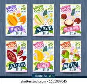 Abstract splash Food label template. Nuts, herbs, fruits, spices, package design. Almond, pistachios, macadamia, cocoa beans, cashew, hazelnut. Organic fresh. Vector illustration