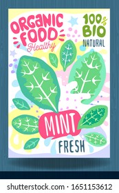 Abstract splash Food label template. Colorful brush stroke. Vegetables, fruits, spices, package design. Mint, herbs, tea. Organic fresh. Vector illustration