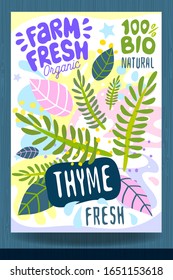 Abstract splash Food label template. Colorful brush stroke. Vegetables, fruits, spices, package design. Thyme, herbs, green. Organic fresh. Vector illustration