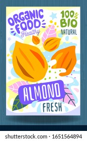 Plantilla de etiqueta de alimento para presentación abstracta. Trazo colorido del cepillo. Nueces, verduras, hierbas, especias, diseño de paquetes. Almendra. Orgánico fresco. Ilustración del vector
