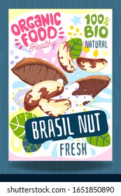 Abstrakte Splash Food Label Vorlage. Farbiger Pinselstrich. Nuts, Gemüse, Kräuter, Gewürze, Verpackungsdesign. Brasil-Nuss. Bio frisch. Vektorillustration
