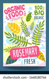 Plantilla de etiqueta de alimento para presentación abstracta. Trazo colorido del cepillo. Verduras, hierbas, especias, diseño de paquetes. Rosemario, verde. Orgánico fresco. Ilustración del vector
