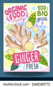 Abstract splash Food label template. Colorful brush stroke. Vegetables, herbs, spices, package design. Ginger root. Organic fresh. Vector illustration

