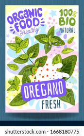 Abstract splash Food label template. Colorful brush stroke. Vegetables, herbs, spices, package design. Oregano, green. Organic fresh. Vector illustration
