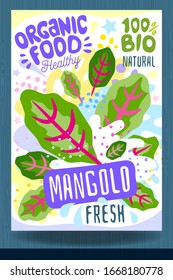 Abstract splash Food label template. Colorful brush stroke. Vegetables, herbs, spices, package design. Mangold, green. Organic fresh. Vector illustration
