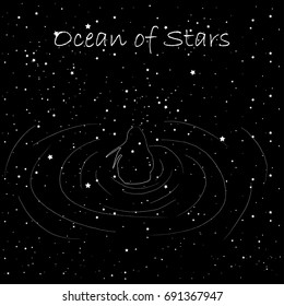 Abstract splash in a water over night starry sky. Ocean of stars lettering. Vector illustration
