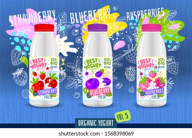 Abstract splash Yogurt bottle label template, advertising poster. Fruits, organic, yogurt, milk package design. Strawberry, blueberry, raspberries. Drawing vector illustration