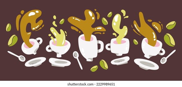 abstract splashes from cups, mug of coffee and tea falls down, flat graphics, vector elements set