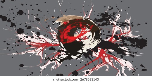 Arte Abstractas de salpicaduras con rojo, negro y blanco sobre gris