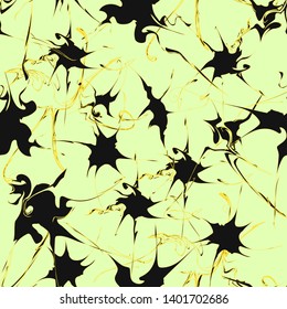 abstract splatter of black and yellow colors on a light green background