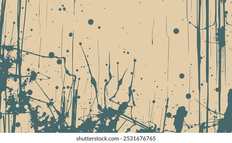 Abstract splatter paint background with blue and black paint splatters and drips on a beige canvas