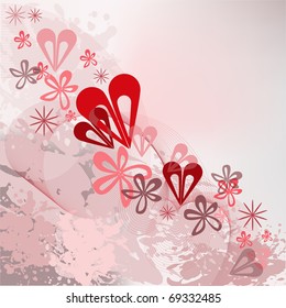 abstract splattered background with a diagonal ornamentation of flowers and hearts