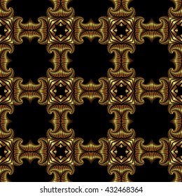 Abstract splendid seamless pattern with shiny golden decorative elements on black background