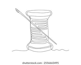 abstract spool of thread with needle, continuous single line art drawing sketch, logo