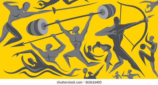 Abstract Sport Art, Weight Lifting, Archer, Wrestling (vector Art)