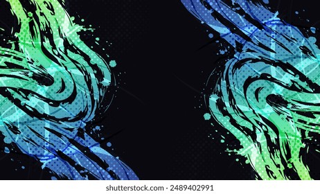 Abstract Sport Background with Blue and Green Gradient Brush Texture and Halftone Effect. Vibrant Grunge Background