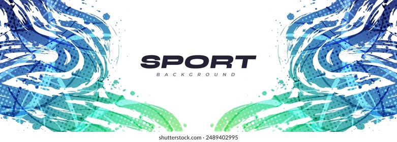 Abstract Sport Background with Blue and Green Gradient Brush Texture and Halftone Effect. Vibrant Grunge Background