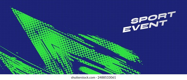 Abstract Sport Background with Green and Blue Brush Texture and Halftone Effect. Dirty Grunge Background